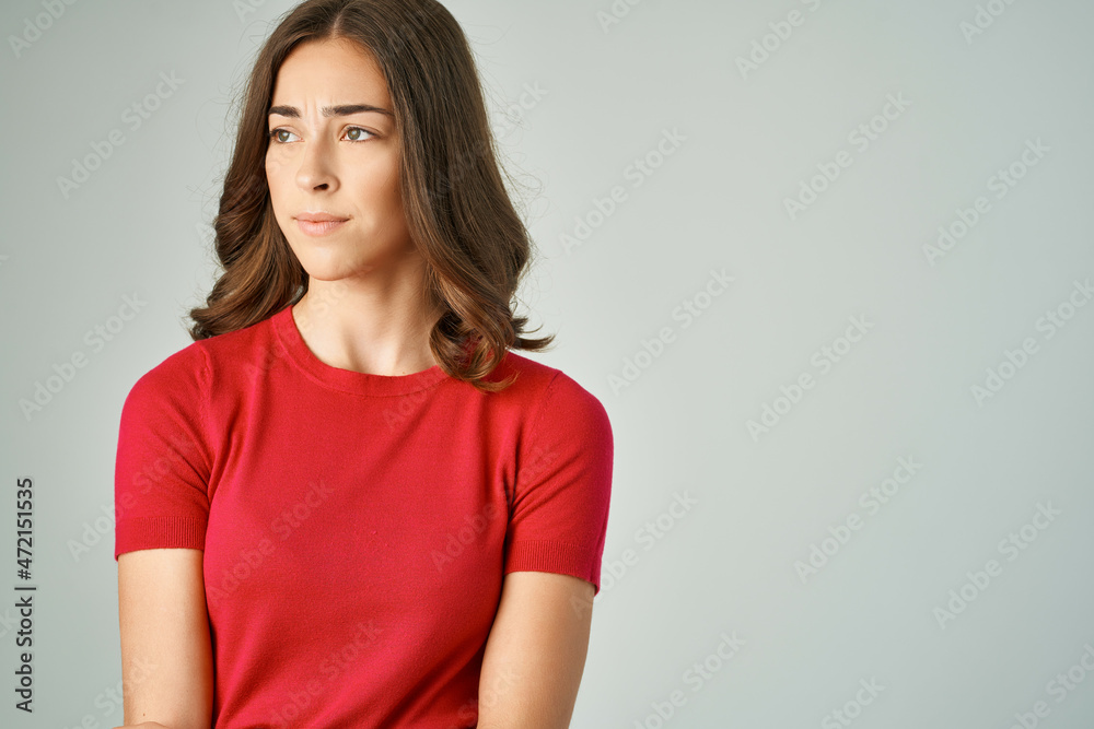cheerful woman surprised look emotions light background