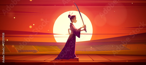 Japanese geisha wear kimono holding samurai sword katana stand at asian sunset landscape with rice field and shining sun red dusk sky. Traditional female character of Japan Cartoon vector illustration
