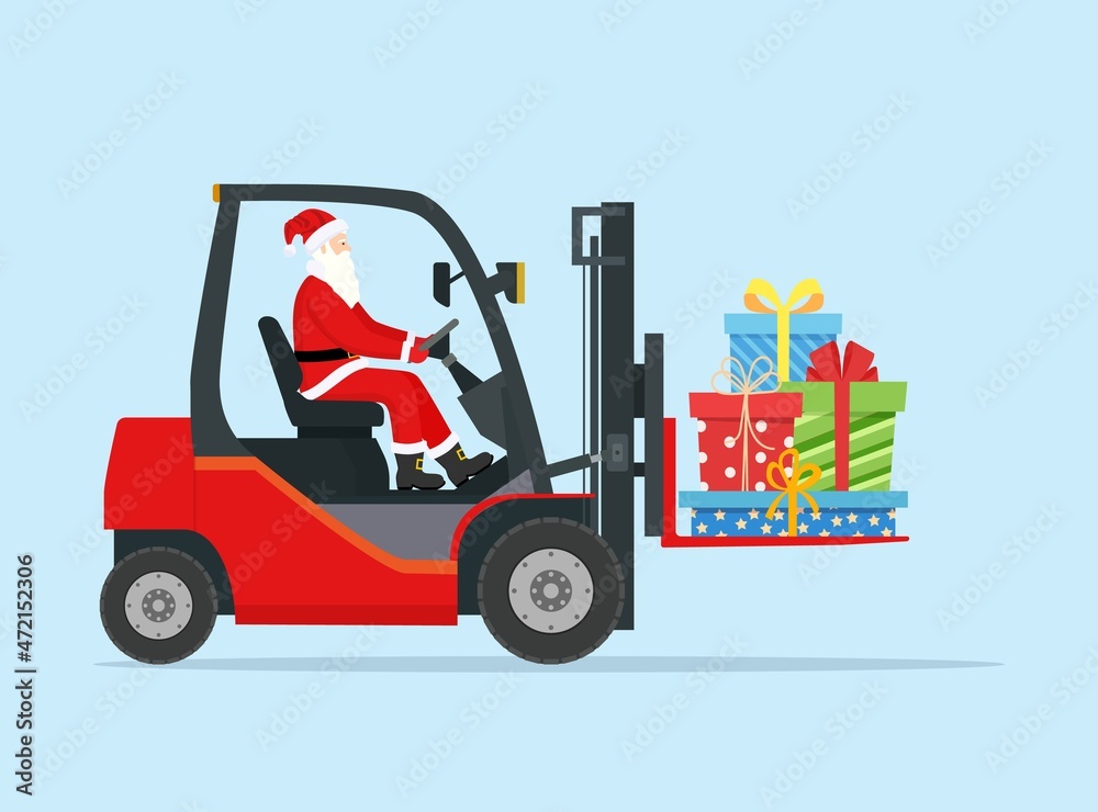 Santa Claus in Empty Red Forklift.