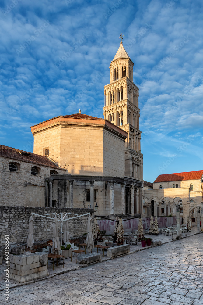 Diocletian's Palace and bell tower from old stone street in the old town of Split, Croatia. 