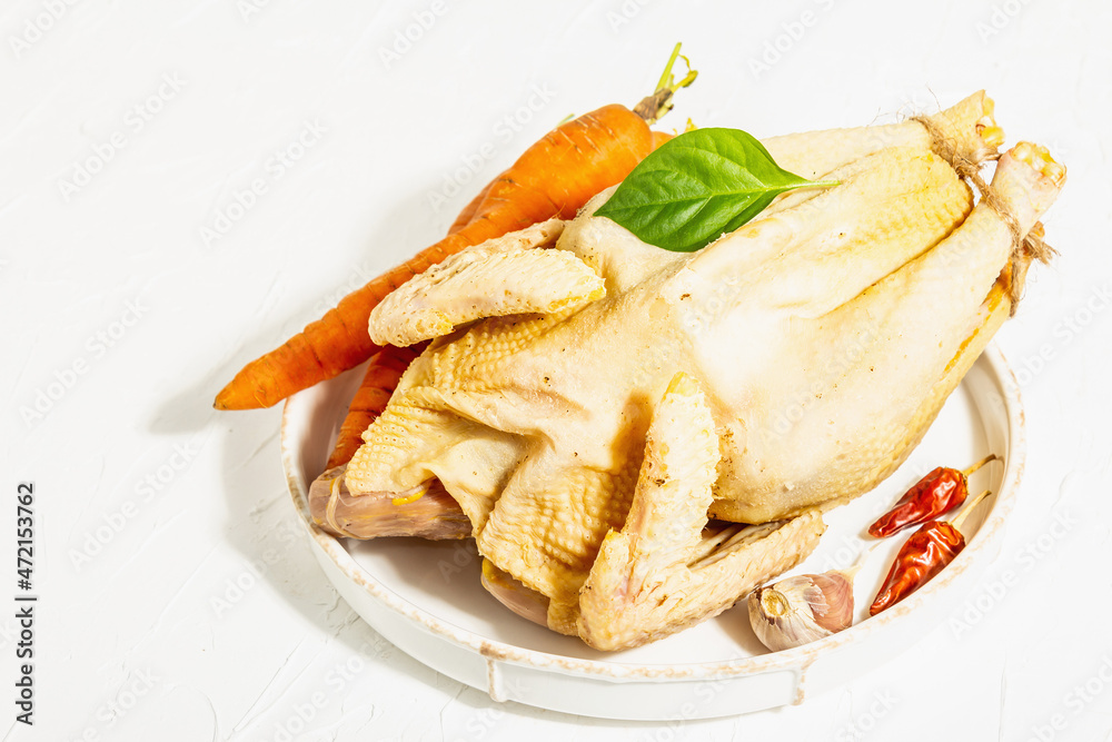 Whole free-range chicken poultry. Organic farm food, trendy hard light, dark shadow Whole free-range chicken poultry. Organic farm food, trendy hard light, dark shadow