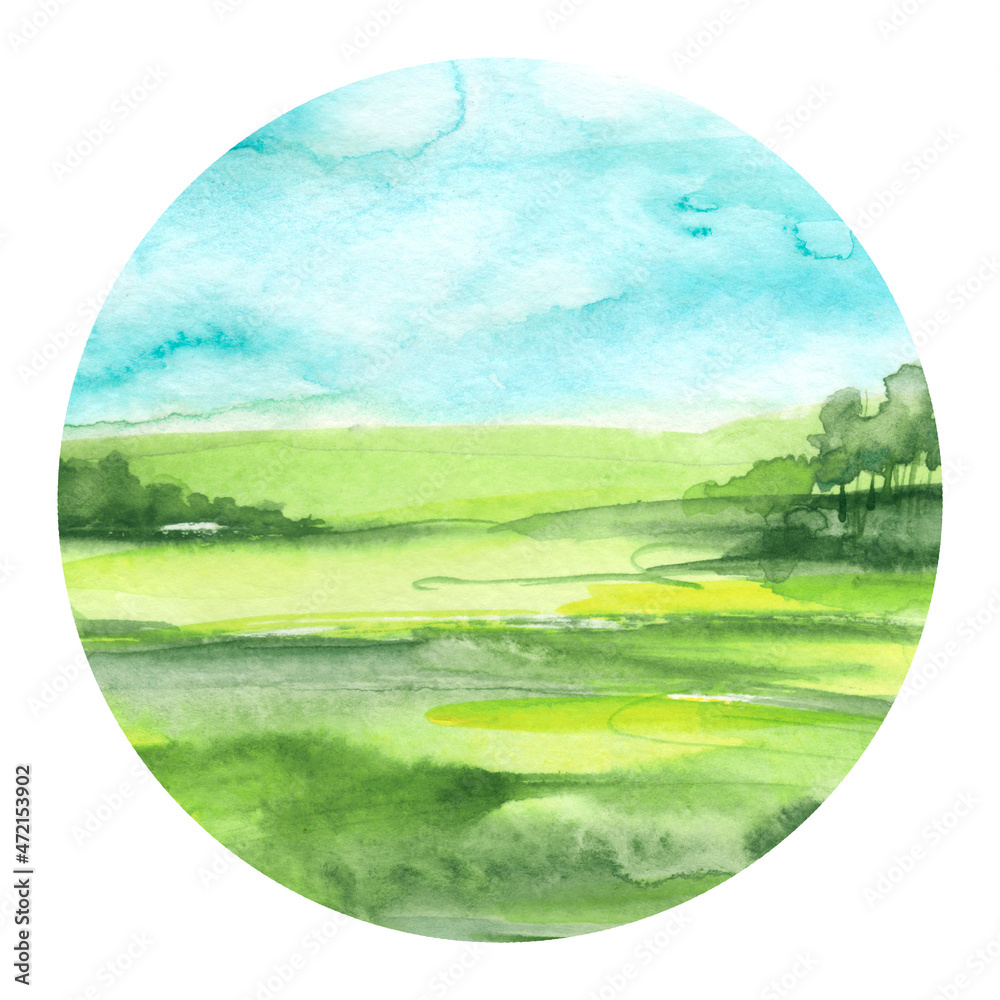 Watercolor painting, landscape of bright green grass, flowers, plants, field, meadow against a bright blue sky. Green Trees on a hill. On a white background. Round element, logo. Watercolor meadow 