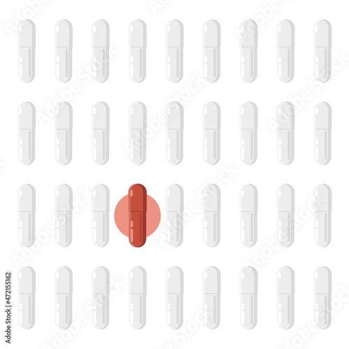 Molnupiravir capsules pattern, white pills and one highlighted. Vector illustration with medicines. Minimal background. Cure of covid concept, banner.