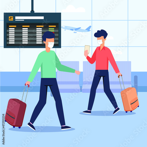 Two boys is standing with suitcase at schedule board the airport terminal while wearing face mask. masked transit. Colorful flat vector illustration.