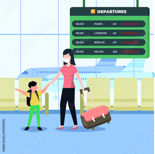 Young boy show his mother about canceled flights in international airport. women disappointed with flight cancellation. Masked transit. Colorful flat vector illustration
