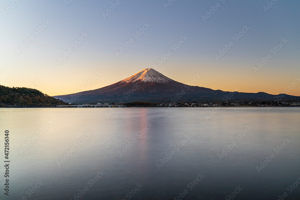 Mt. Fuji and Lake Kawaguchi greeted a quiet morning in Yamanashi Prefecture, Japan