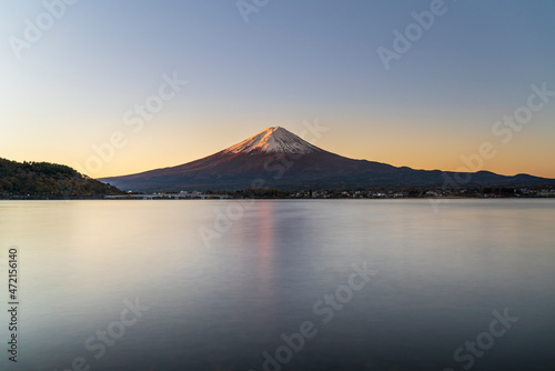 Mt. Fuji and Lake Kawaguchi greeted a quiet morning in Yamanashi Prefecture, Japan © Naokita