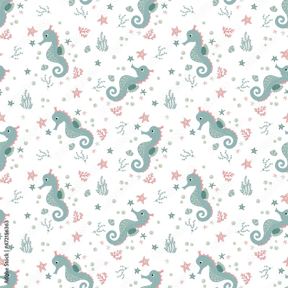 Seamless pattern with  seahorse. Hand-drawn style. Design for decorating a nursery.	