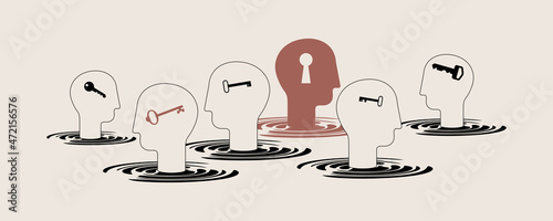 The key to mental health. Human head with keyhole. Key to your mind and understanding other people. Social relations. Vector illustration, EPS 10 photo