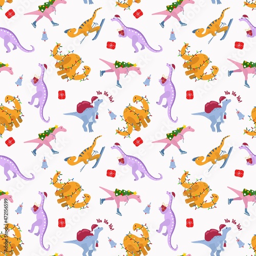 Christmas seamless pattern. Cute hand drawn dinosaurs. Design for fabric, textile, packaging, wrapping paper.  © Helga KOV
