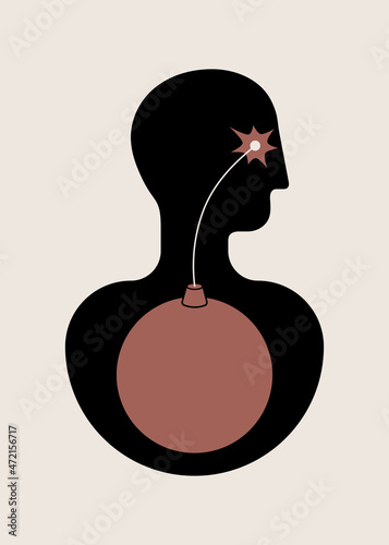 Burnout syndrome, time bomb. Beginning of anger, rage, fury, inanition. Mental stress, depression, problems. Flat vector illustration, EPS 10