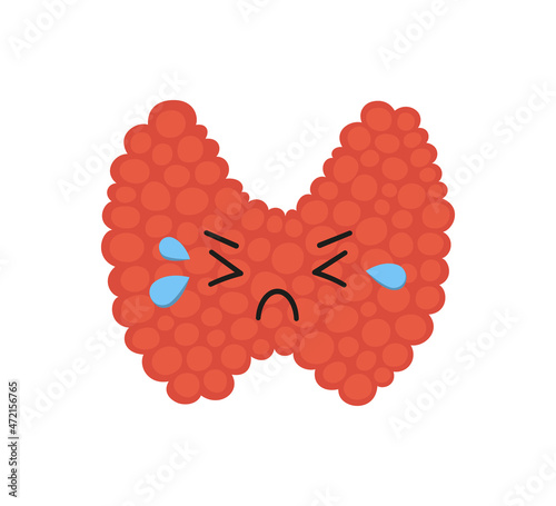 Kawaii unhealthy thyroid gland character. Drawing of a crying thyroid gland. Hypothyroidism and hyperthyroidism concept. Vector illustration isolated in cartoon style on white background. photo