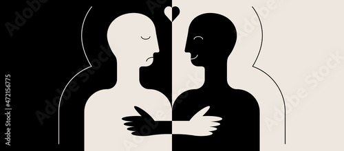 Positive and negative emotions in one person. Sad and happy, Concept of self love. Abstract human head, silhouette, black and white. Vector illustration
