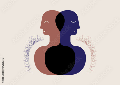 Positive and negative thinking, emotions in one person. Good and bad days, sad and happy. Abstract human head. Vector illustration