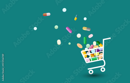 many multicolored pills and pills flying into the basket  medication shopping concept