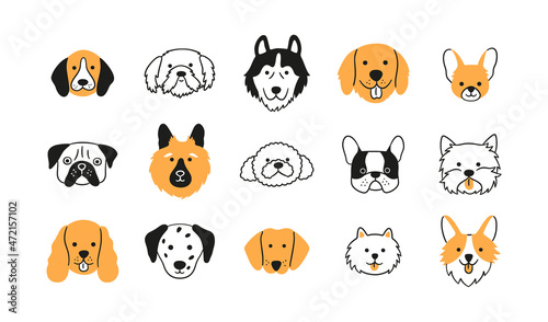 Faces of different breeds dogs set. Corgi, Beagle, Spitz Chihuahua, Terrier, Retriever, Spaniel, Poodle. Collection of doodle dog heads. Hand drawn vector illustration isolated on white background.