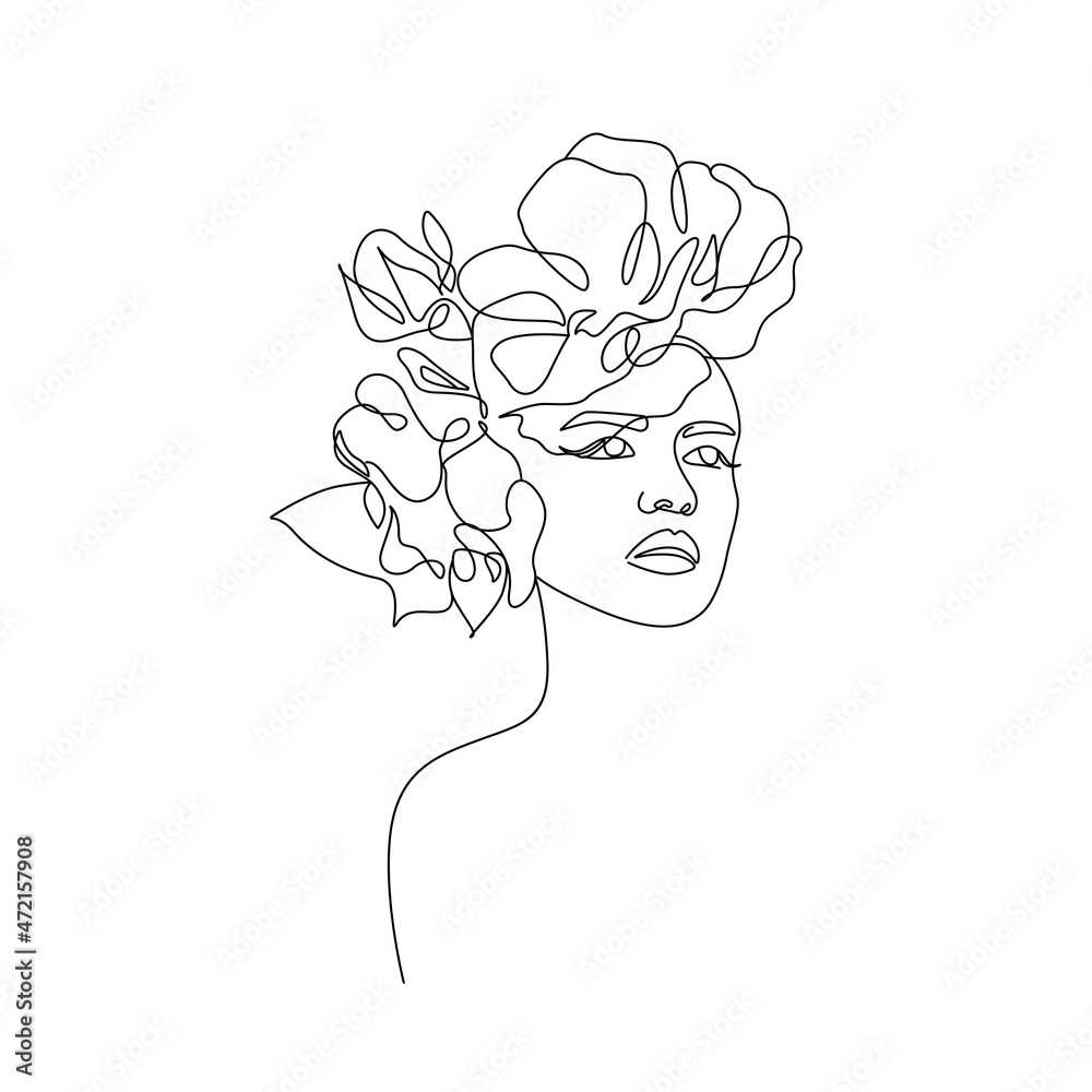 Woman Face with Flowers Line Art Drawing. Floral Female Head One Line Drawing for Wall Art, Fashion Prints, Posters. Art Sketch Print, Black And White Single Line Art, Feminine Poster. Vector EPS 10