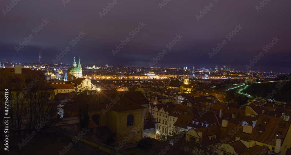 City skyline at night, Prague architecture