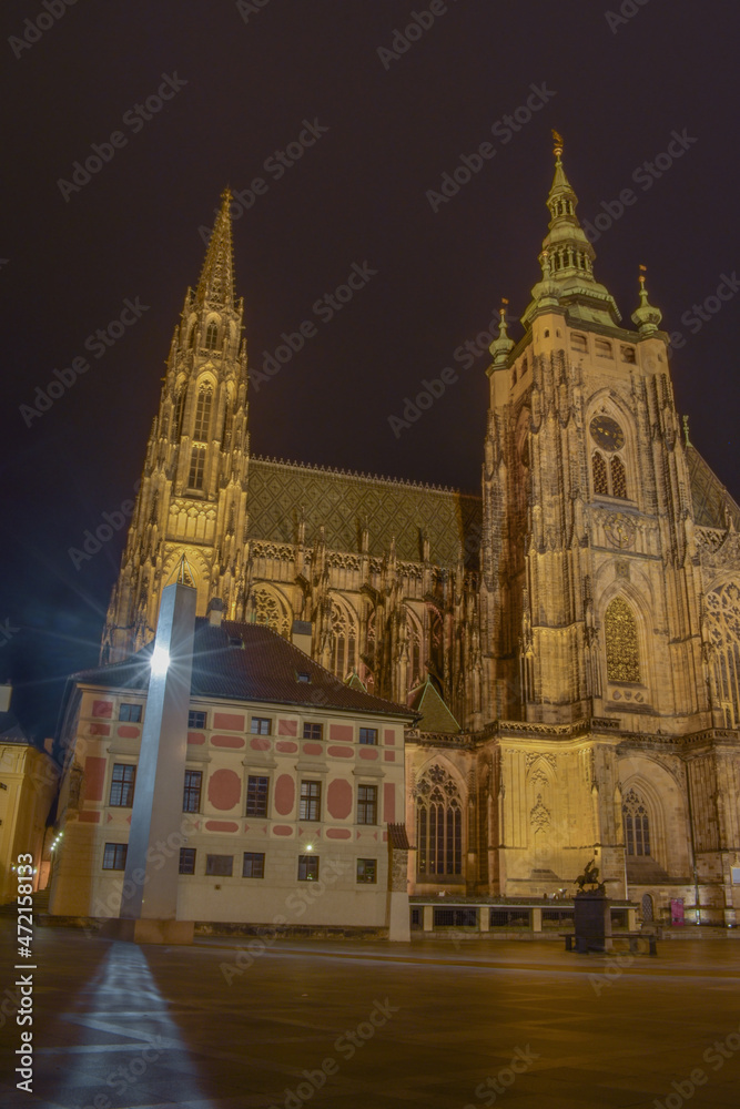 Cathedral illuminated by street lights on a cold winter night