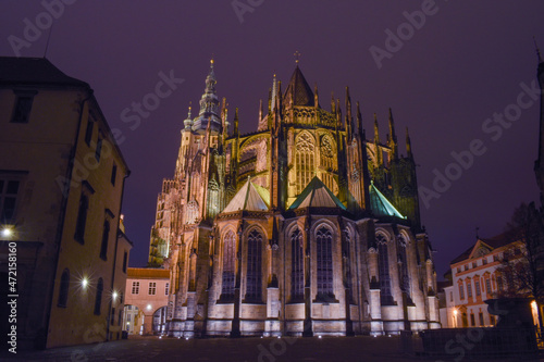 Church illuminated by street light on a clear winter night