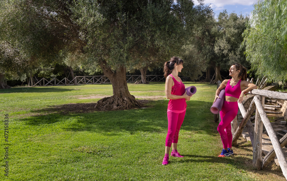 Obraz premium Two smiling woman with rolled pilated mats staying and talking in a park