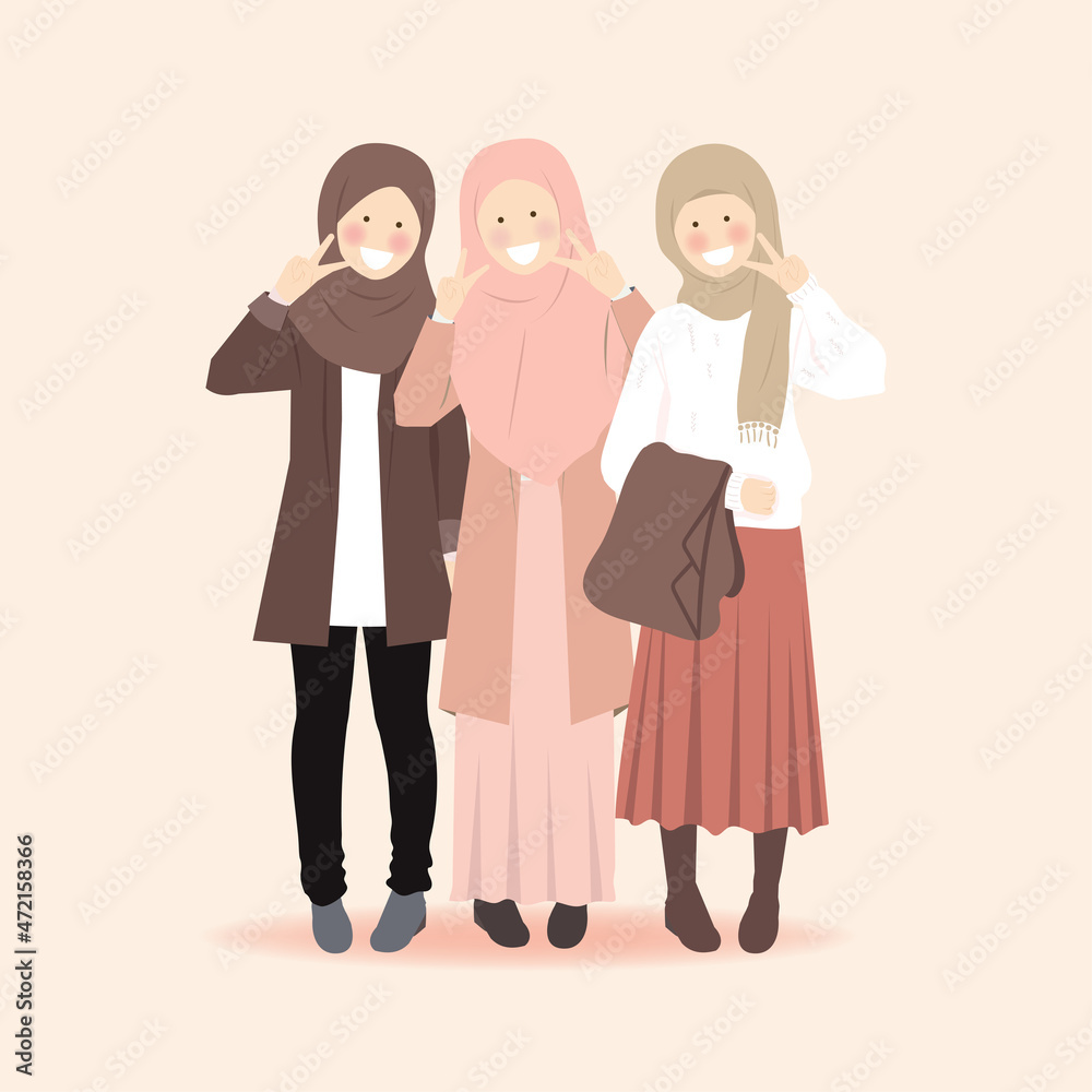 Best friend muslim girl taking photo with peace sign pose in fall autumn season Best friend muslim girl taking photo with peace sign pose in fall autumn season