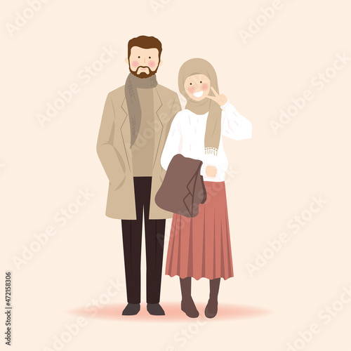 Cute muslim Couple in fall autumn outfit taking photo and pose with peace sign