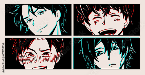 Set of  close up faces anime young mans. Manga style characters with Glitch effect. Cartoon face