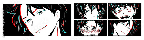 Set of  close up faces anime young mans. Manga style characters with Glitch effect. Cartoon face