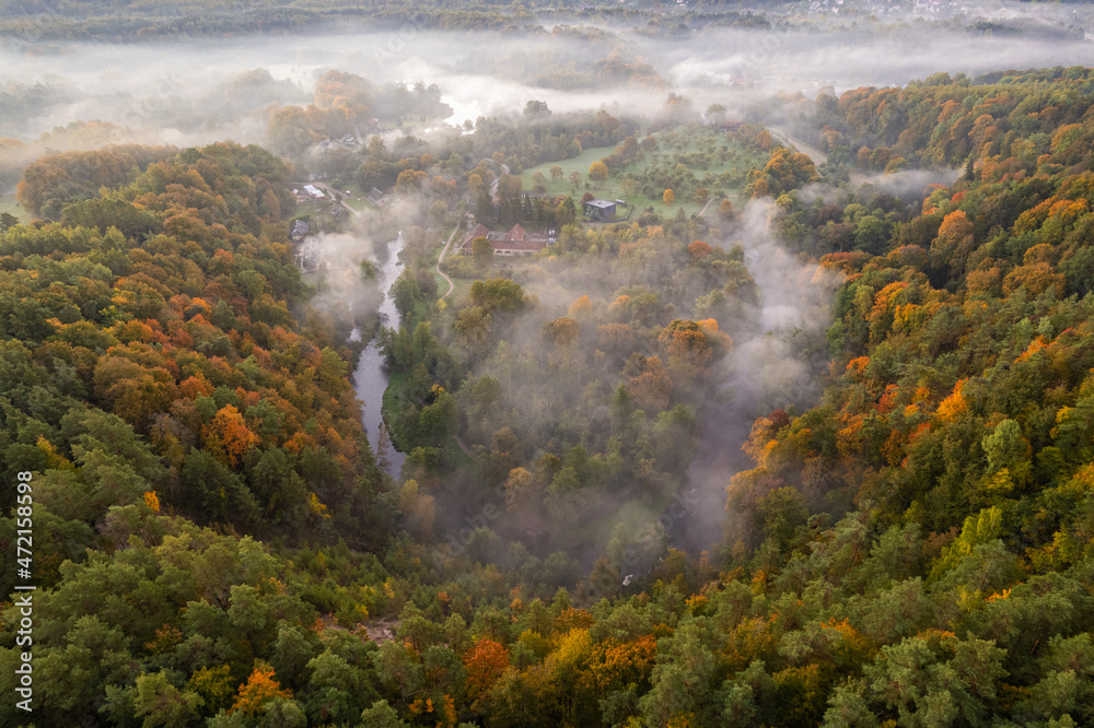 Aerial autumn fall sunrise view of foggy forest in Vilnius, Lithuania