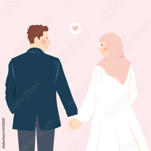 Cute Wedding Muslim Couple Portrait Holding hand from backside Illustration, Nikah Mubarak Greetings, Walima Save the Date with Pink Background photo
