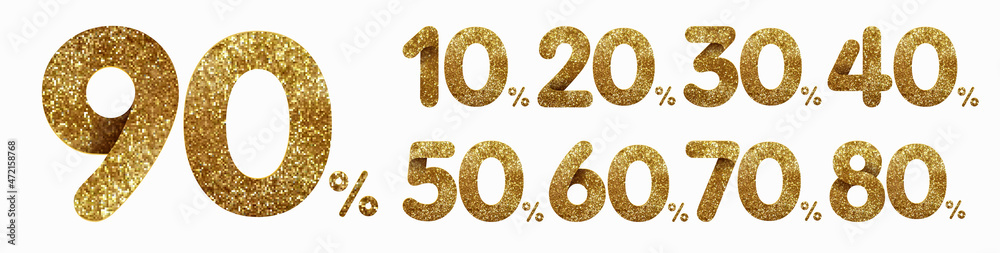 Set of golden glitter discount numbers 90, 80, 70, 60, 50, 40, 30, 20 and 10 percent for sale and discount offers. Isolated on white background Set of golden glitter discount numbers 90, 80, 70, 60, 50, 40, 30, 20 and 10 percent for sale and discount offers. Isolated on white background
