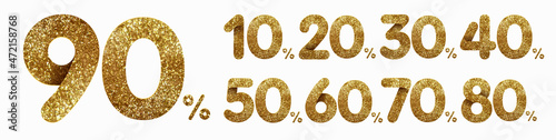 Set of golden glitter discount numbers 90, 80, 70, 60, 50, 40, 30, 20 and 10 percent for sale and discount offers. Isolated on white background