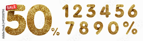 Set of golden glitter numbers 1, 2, 3, 4, 5, 6, 7, 8, 9 and 0 percent for sale and discount offers. Isolated on white background