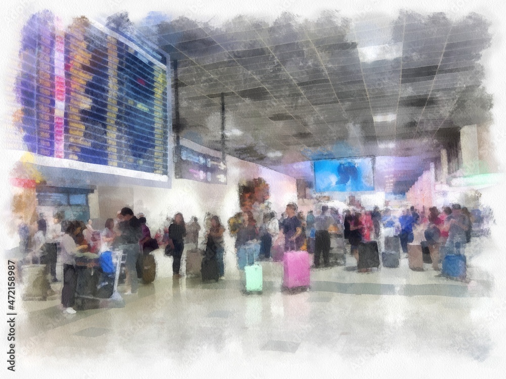 The landscape inside the airport with passengers watercolor style illustration impressionist painting.