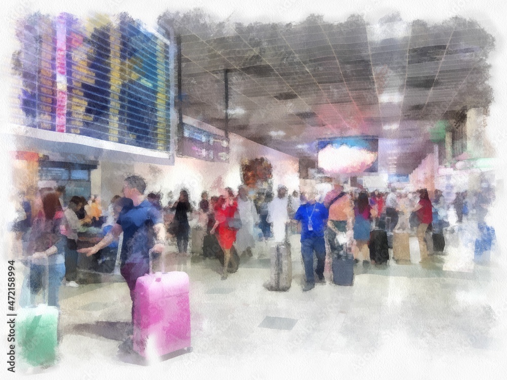 Inside the airport with passengers watercolor style illustration impressionist painting.