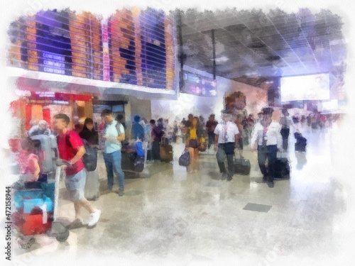 Inside the airport with passengers and pilots watercolor style illustration impressionist painting.