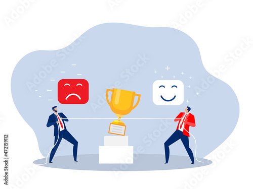 Two businessman pulling award as symbol of competition,  positive  opposite negative reaction concept vector Vector illustration in flat style.