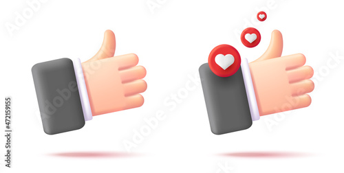 3d illustration of a businessman heand with thumb up and hearts in red circles