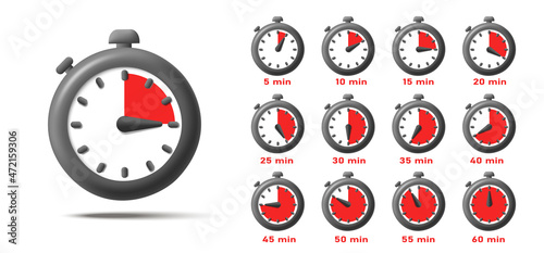 Stopwatch 3d render icon with each 5 seconds in a minute indicated with red