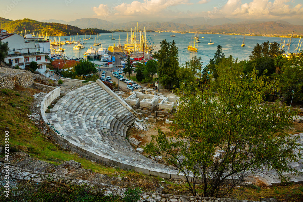 FETHIYE, TURKEY: Top view of the Amphitheater in Fethiye city center.