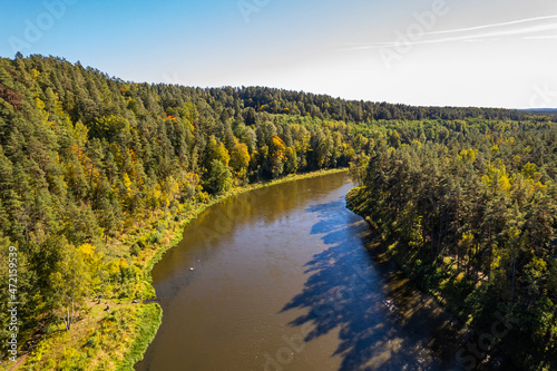Aerial autumn fall sunny day view of Neris river regional park, Lithuania