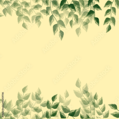 green leaves background drawing on pastel creamm or light yellow backdrop.