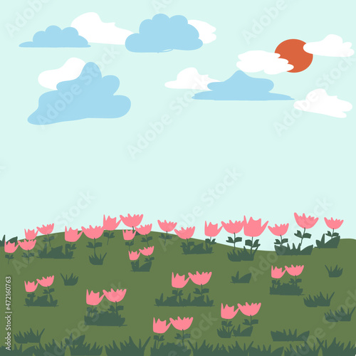 Beautiful cartoon drawing pink tulip with cute leaf over grass hill with blue sky and clouds background, orange sun hidden among blue and white cloud, adorable and fresh picture decoration.