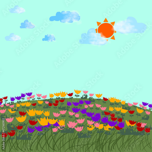 Colorful tulip flower cartoon drawing, purple, yellow, pink and red with leaf over little hill, sky are ocean blue with gredient white blue clonds and cute sun.