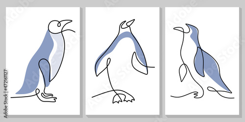Continuous one line of three penguins poster for wallpaper isolated on white background.