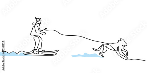 Continuous one line of a man playing ice skating with a dog isolated on white background.