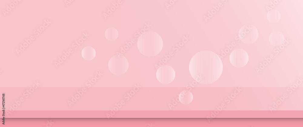 Abstract pink background with light and bubbles. Perspective wall room for interior backdrop, Product display mockup or party wall, cover, magazine. space for the text. paper art design style.