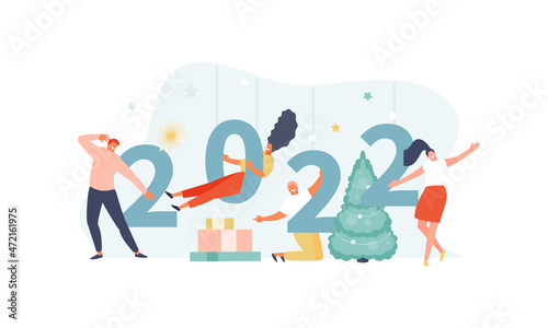 Happy people celebrating the New year 2022. Merry Christmas. Vector illustration banner