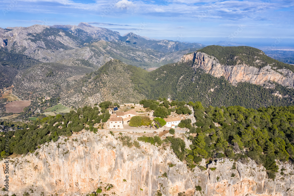 Ruins of castle Castell Alaro on Mallorca mountain landscape scenery travel traveling holidays vacation aerial photo in Spain